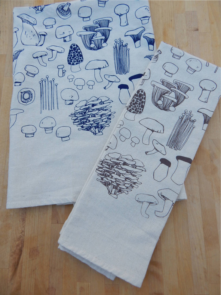 Mushroom Tea Towel, Handprinted
