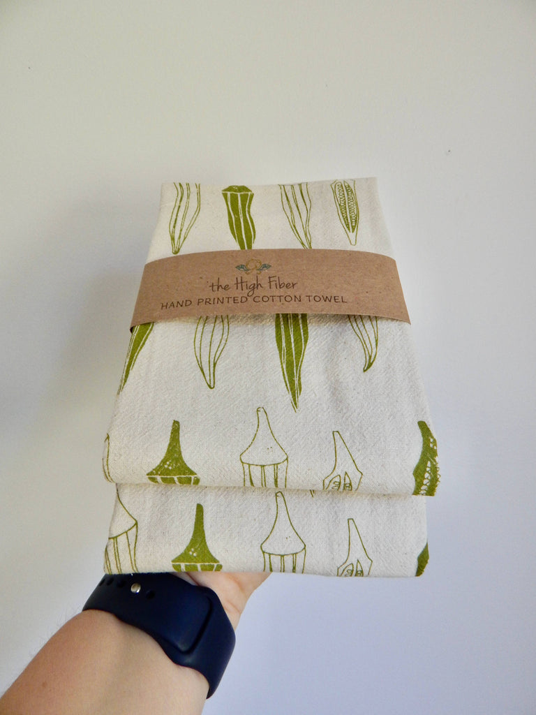 Okra Tea Towel, Handprinted Hand Towel, Okra