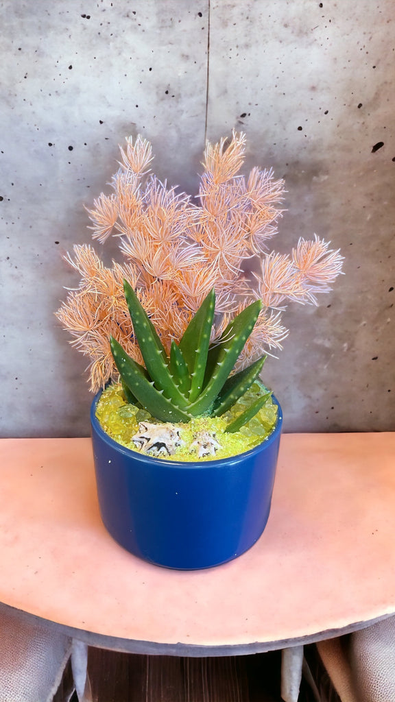 Aloe + Dried Floral in Ultra Marine Planter