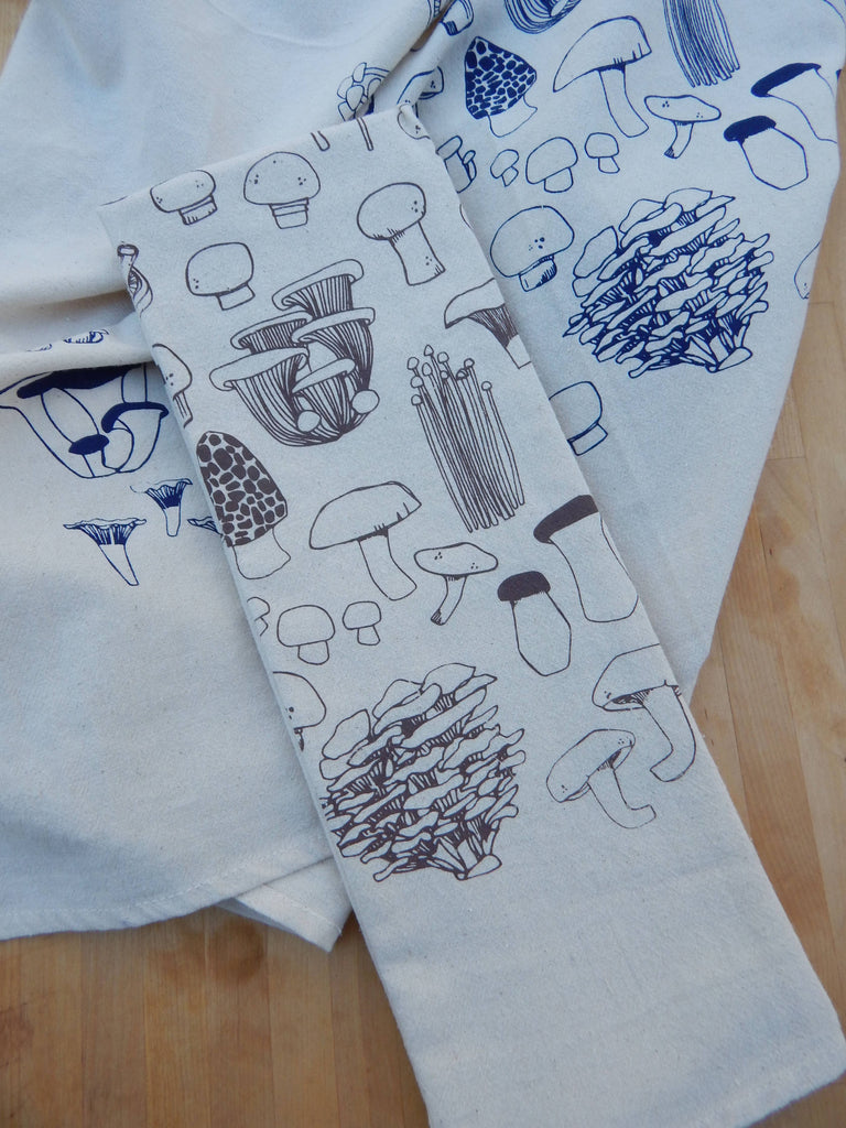 Mushroom Tea Towel, Handprinted