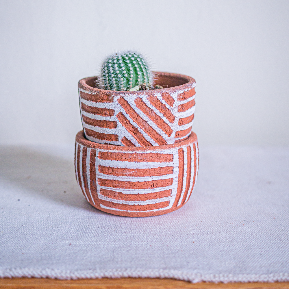 PLANT + VESSEL - CARVED WHITE AND TERRACOTTA PLANTERS