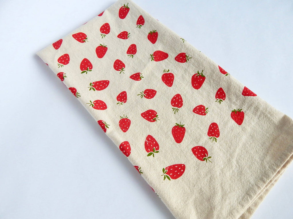 Strawberry Kitchen Towel, Handprinted Tea Towel, Berry Towel