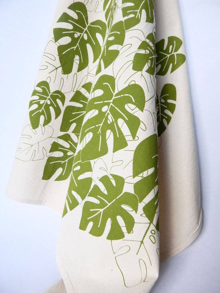 Monstera Tea Towel, Handprinted Towel, House Plant Print: Moss on Natural