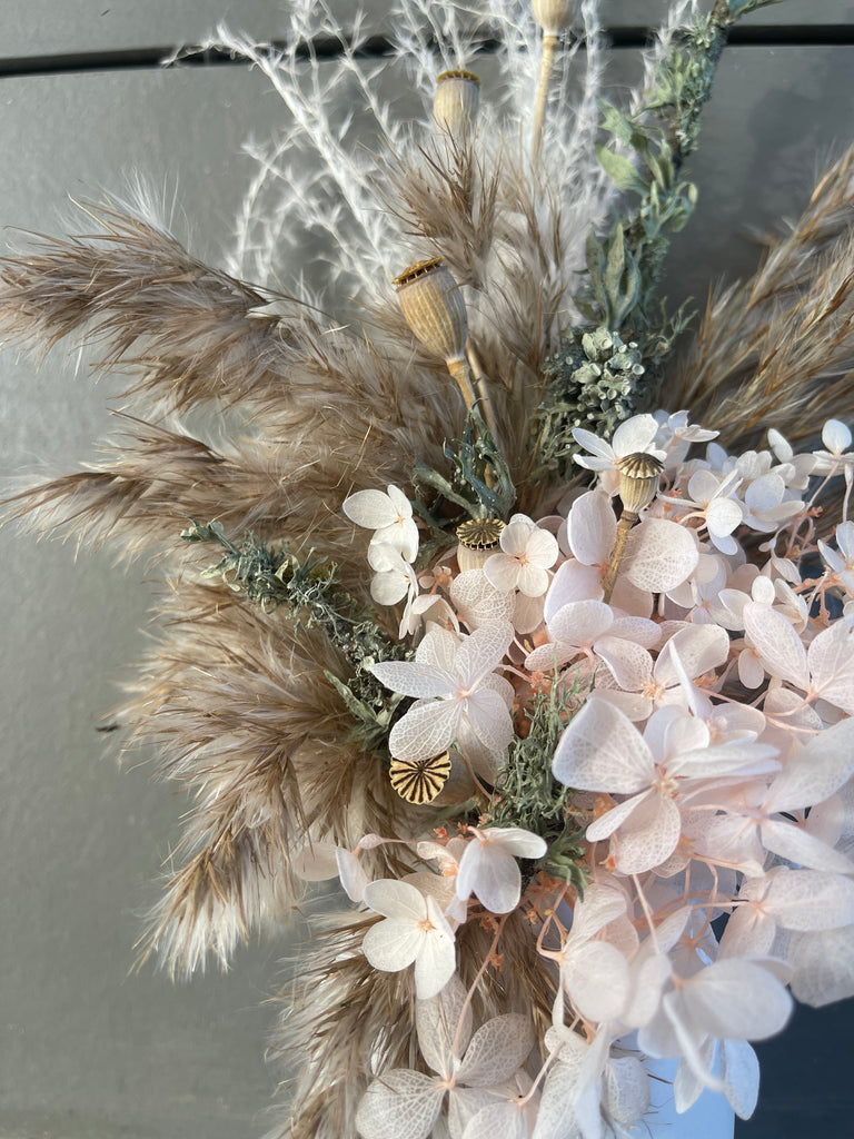 Dried Floral: Hydrangea + Lichen in Lavender Vase
